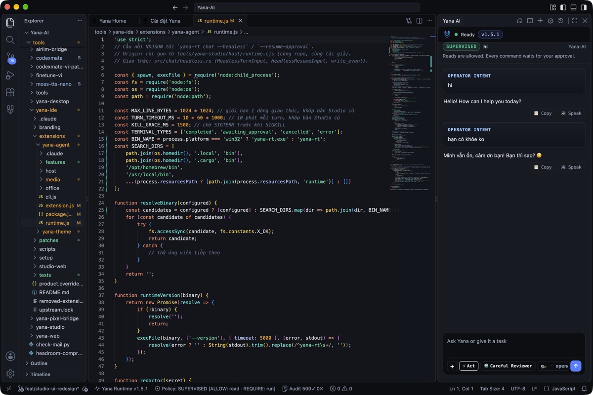 Giao diện làm việc Yana Yana Studio trên nền tảng VS Code